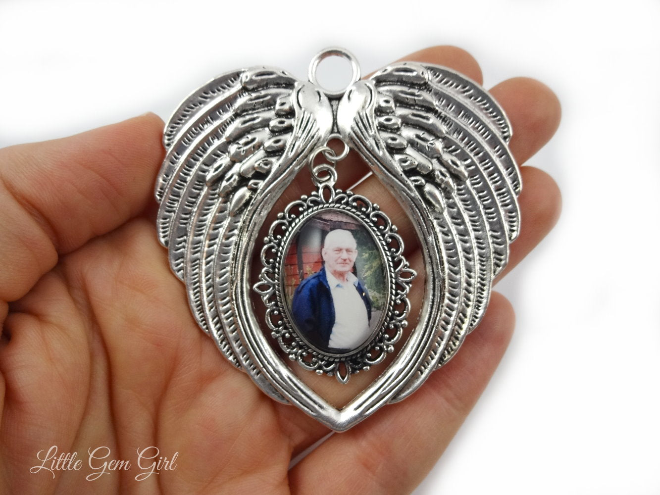 Memorial Christmas Tree Ornament with Custom Photo - Personalized In Memory Silver Angel Wings Holiday Decoration