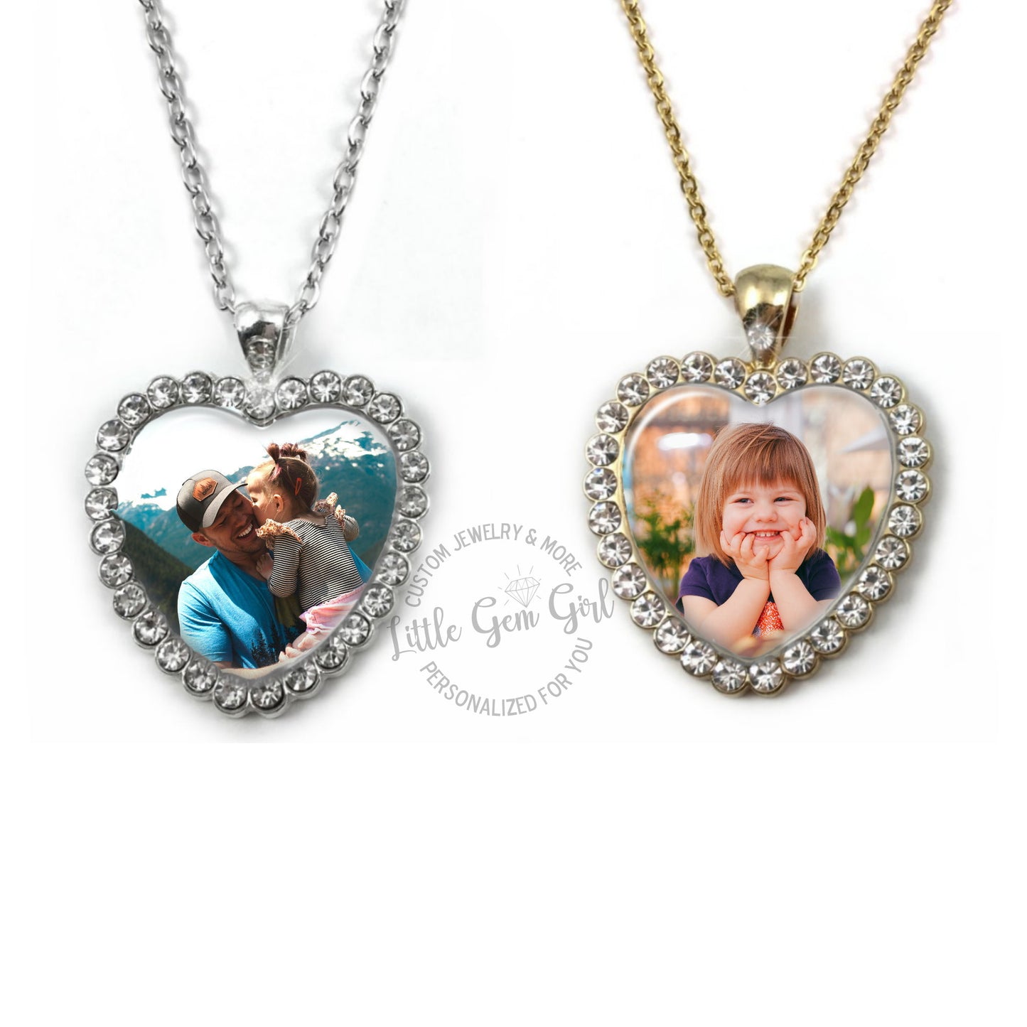 Rhinestone Heart Necklace with Your Custom Photo - Available in Silver or Gold
