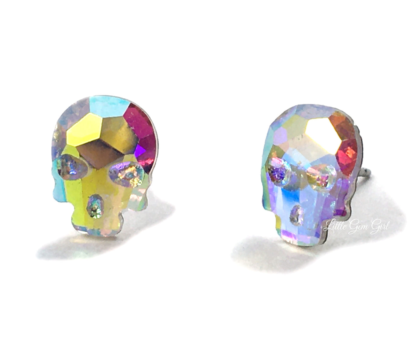 Rainbow AB Crystal Skull Stud Earrings - Resin Skeleton with Post Available in Titanium and Stainless Steel