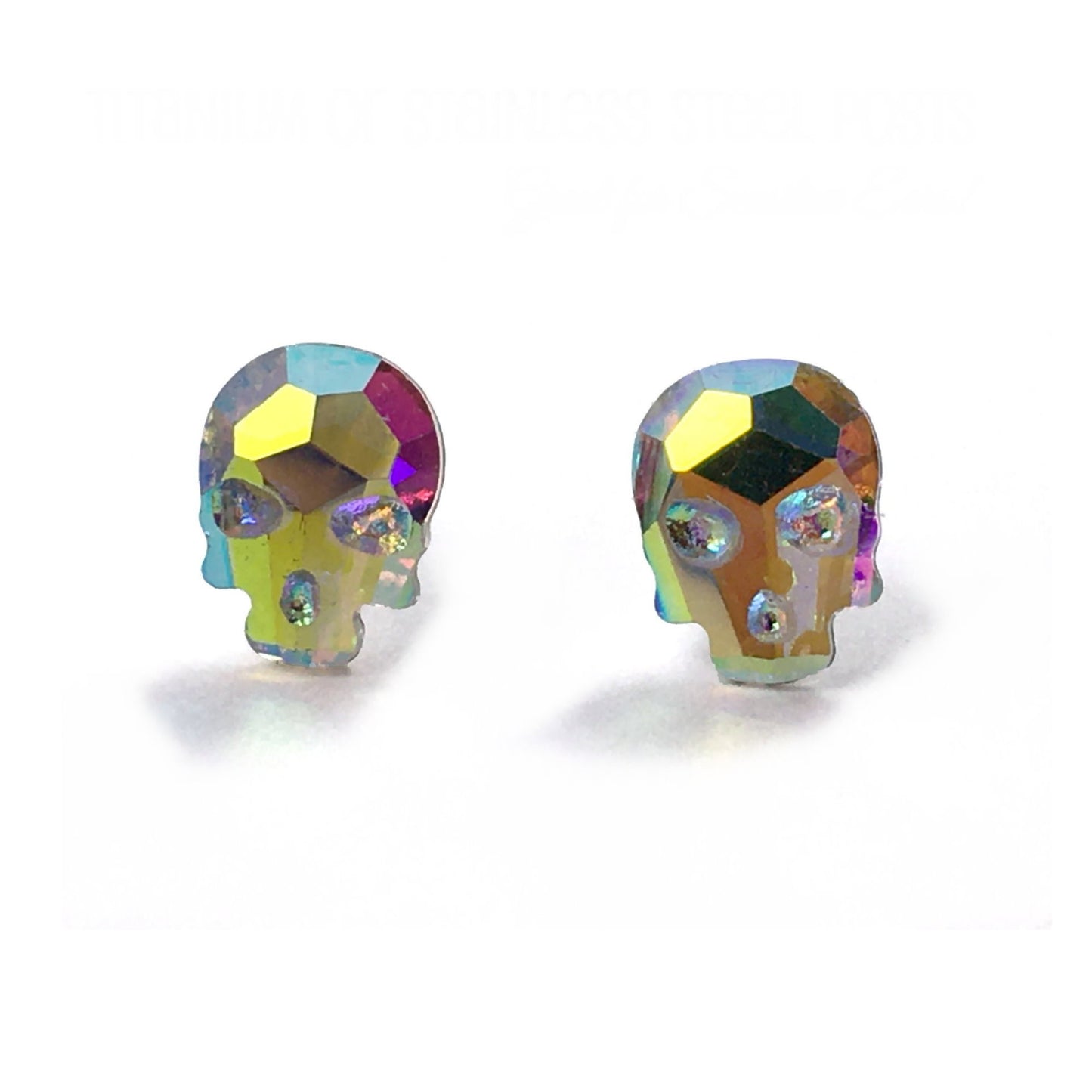 Rainbow AB Crystal Skull Stud Earrings - Resin Skeleton with Post Available in Titanium and Stainless Steel