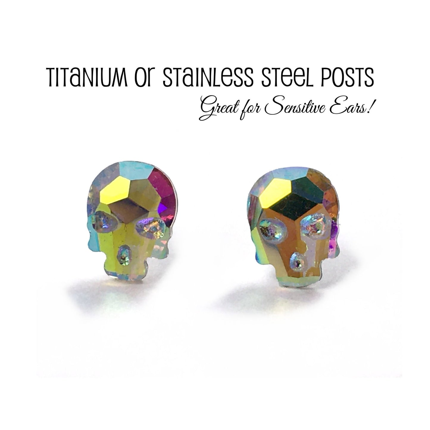 Rainbow AB Crystal Skull Stud Earrings - Resin Skeleton with Post Available in Titanium and Stainless Steel