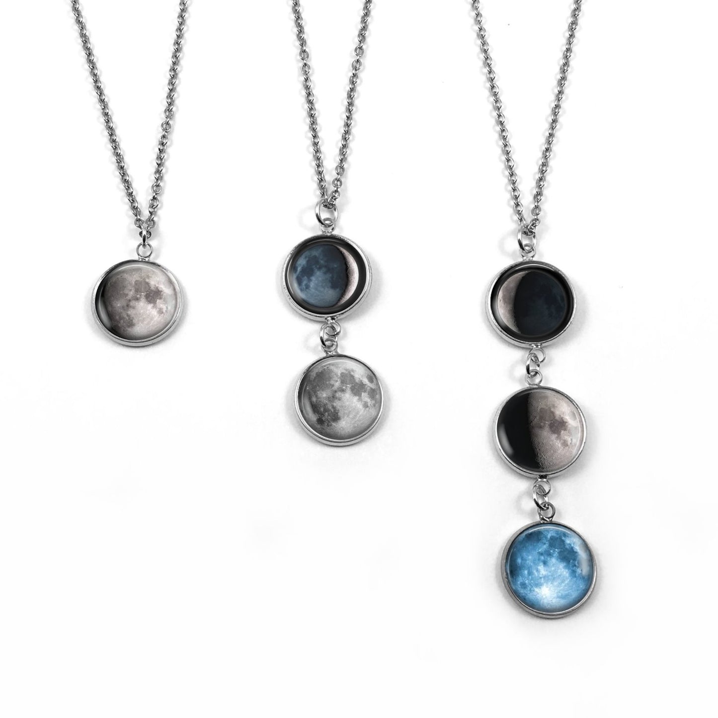 Glowing Stainless Steel Custom Birth Moon Necklace with Optional Engraving - 1 to 4 Moon Phase Pendants