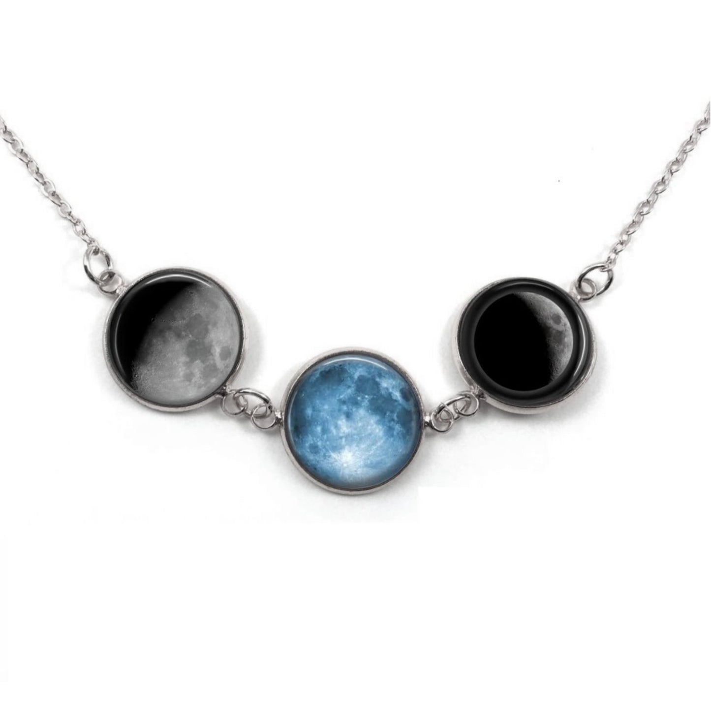 Glow in the Dark Custom Birth Moon Necklace with 1 to 4 Personalized Birthday Moon Charms - Silver Stainless Steel