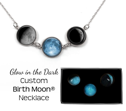 Glow in the Dark Custom Birth Moon Necklace with 1 to 4 Personalized Birthday Moon Charms - Silver Stainless Steel
