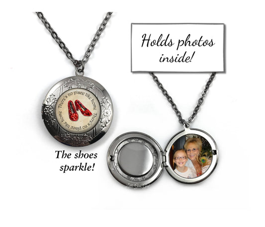 The Wonderful Wizard of Oz No Place Like Home Locket -  Sparkle Ruby Red Slippers Photo Necklace