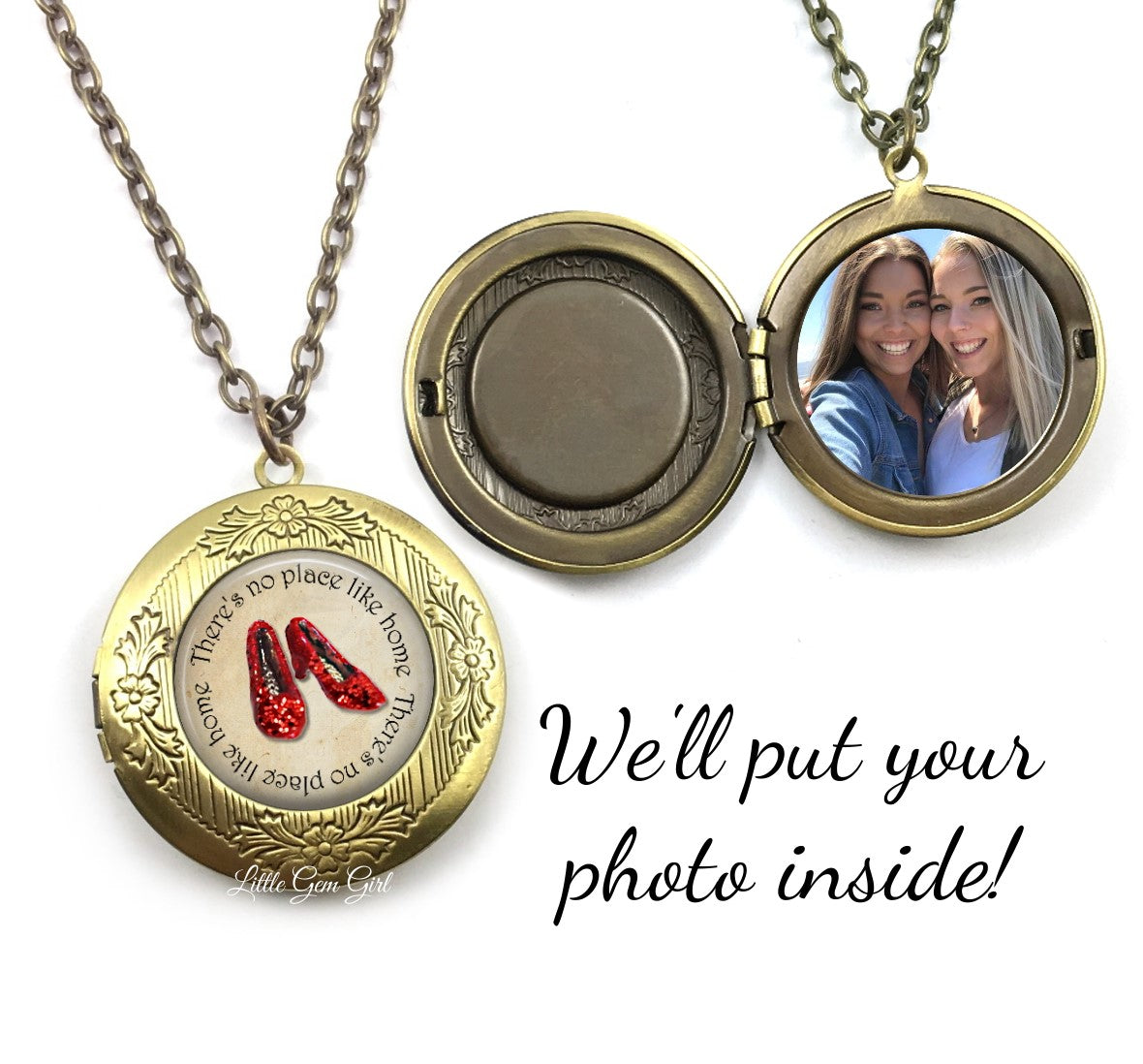 The Wonderful Wizard of Oz No Place Like Home Locket - Sparkle Ruby Red Slippers Photo Necklace