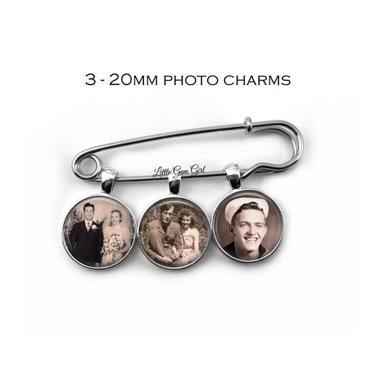 Custom Photo Lapel Pin with 1, 2 or 3 Picture Charms - Wedding Picture Boutonniere - Personalized Bridal Bouquet Charm - Groom Memorial Pin