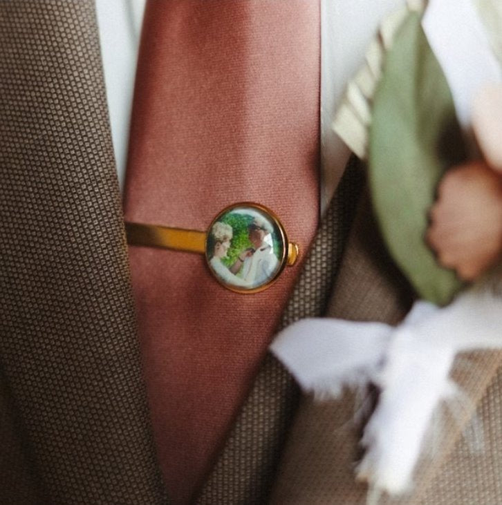 Gold tone Custom Photo Tie Clip - Personalized Groom Tie Bar - Picture Tie Tac