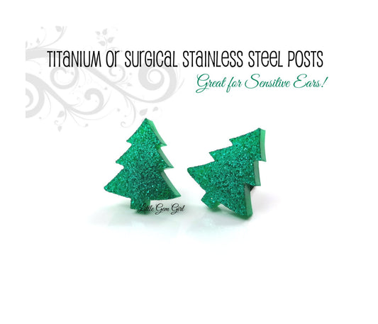 Christmas Tree Green Sparking Stud Earrings Available with Titanium or Stainless Steel Post