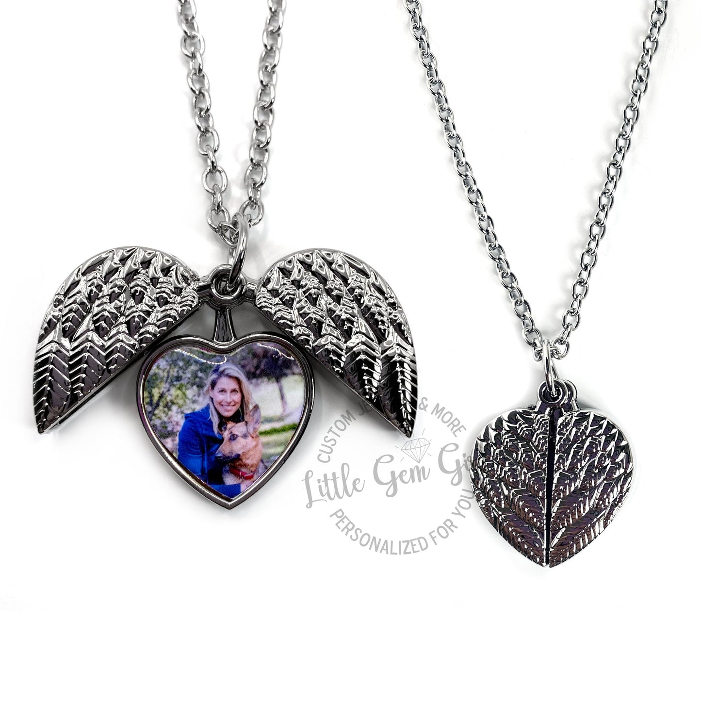 Angel Wing Custom Photo Heart Locket in Silver or Gold - Personalized Memorial Keepsake Jewelry for Loss of Loved One