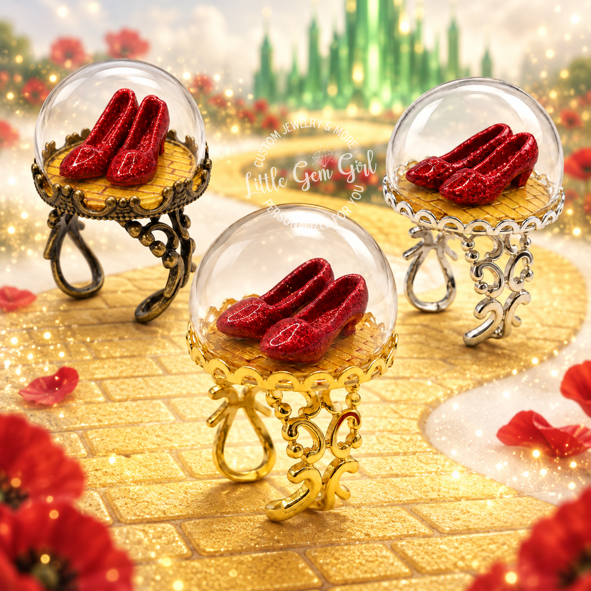 The Wonderful Wizard of Oz Ruby Red Slippers Ring - Yellow Brick Road Glass Dome Ring Available in Silver or Bronze