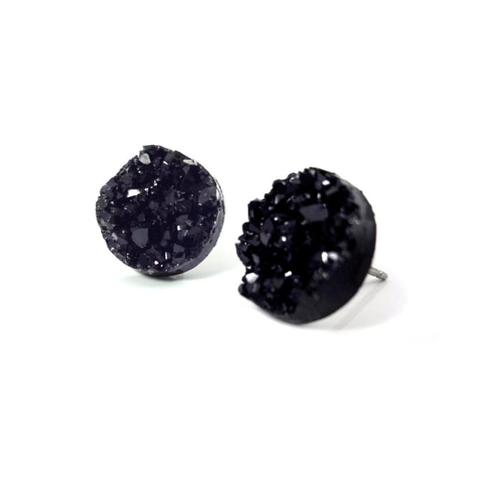 Black Druzy Earrings with Three Sizes Available - Black Crystal Glitter Studs Faux Drusy Post Earrings Available in Titanium or Stainless Steel Posts