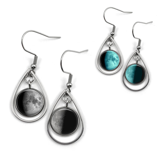 Custom Lunar Phase Birth Moon Earrings - Glow in the Dark Stainless Steel Teardrop - Hypoallergenic Nickel Free