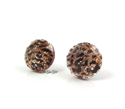 Cheetah Earrings Available in 3 Sizes - Gold Black Glitter Stud Earrings - Animal Print Leopard Stud Titanium or Stainless Steel for Sensitive Ears