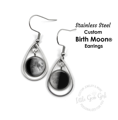 Custom Lunar Phase Birth Moon Earrings - Glow in the Dark Stainless Steel Teardrop - Hypoallergenic Nickel Free