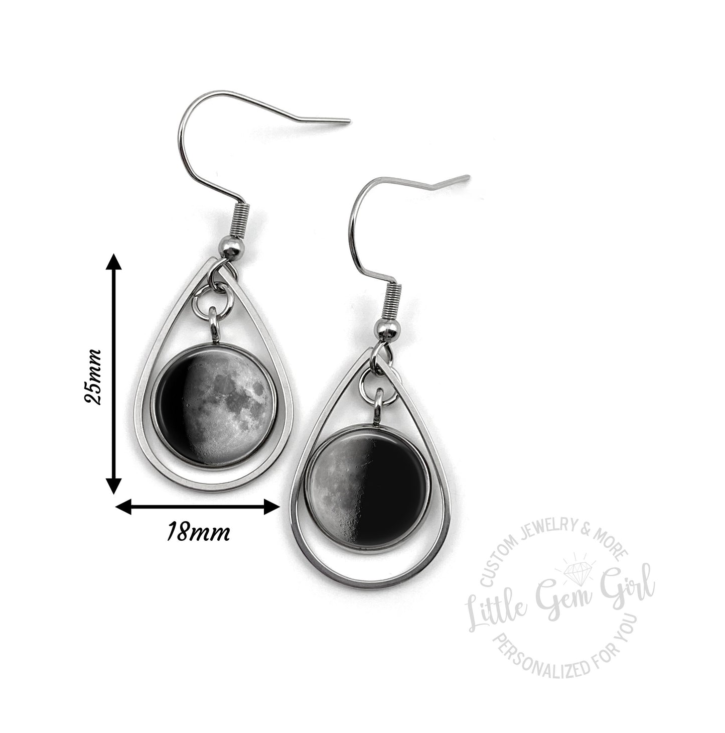 Custom Lunar Phase Birth Moon Earrings - Glow in the Dark Stainless Steel Teardrop - Hypoallergenic Nickel Free