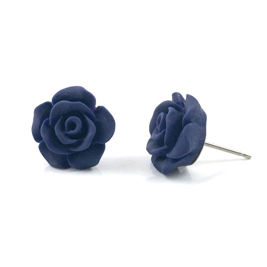 Navy Blue Rose 13mm Small Earrings - Hypoallergenic Sensitive Ears Titanium or Stainless Steel Studs