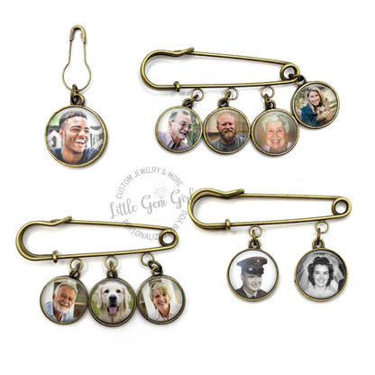 Lapel Pin Boutonniere available with One to Four Custom Photo Charms - Choose from Four Different Metal Finishes