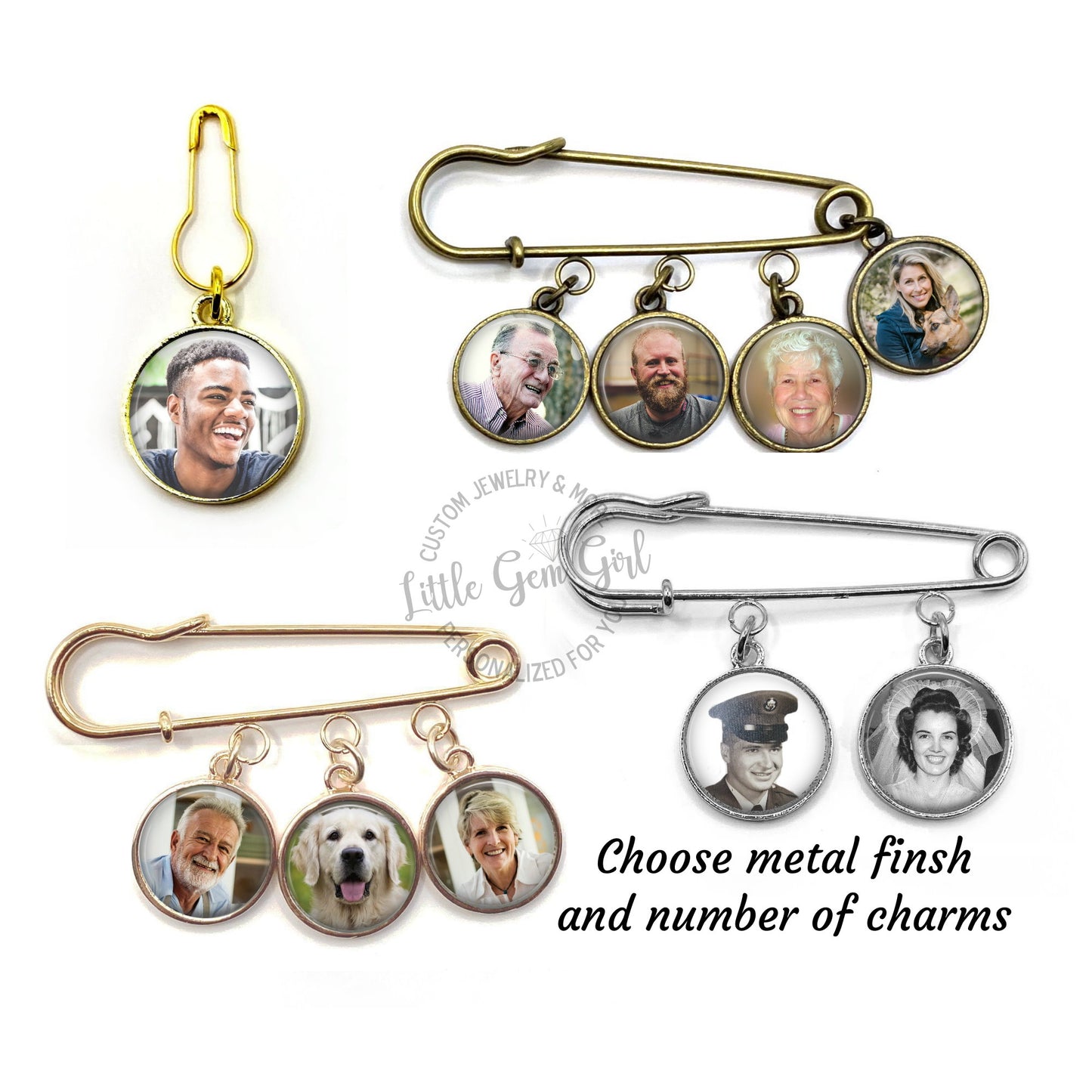 Lapel Pin Boutonniere available with One to Four Custom Photo Charms - Choose from Four Different Metal Finishes