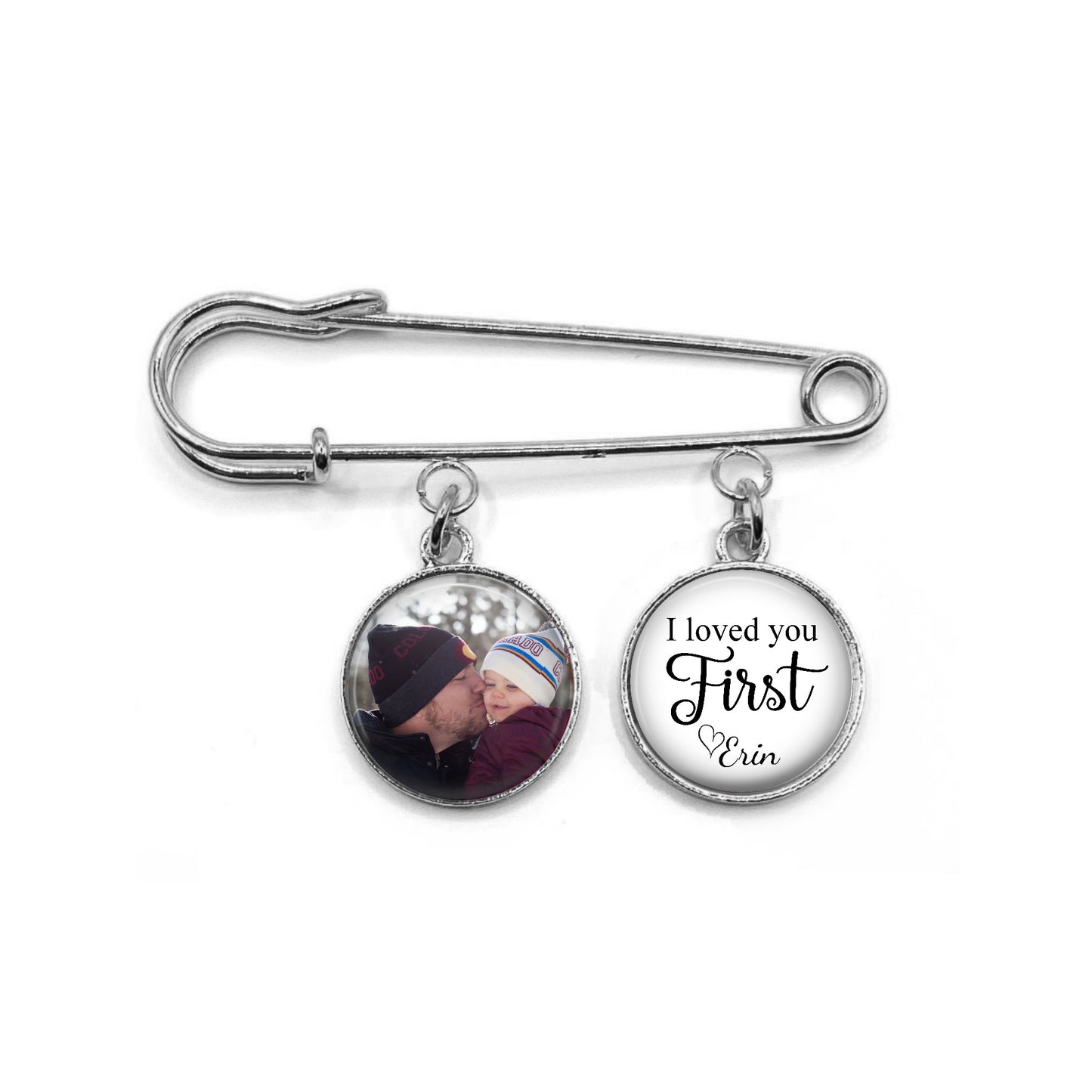 Custom Father of the Bride Photo Pin – Personalized Lapel Brooch with “I Loved You First” Charm – Wedding Day Gift for Dad