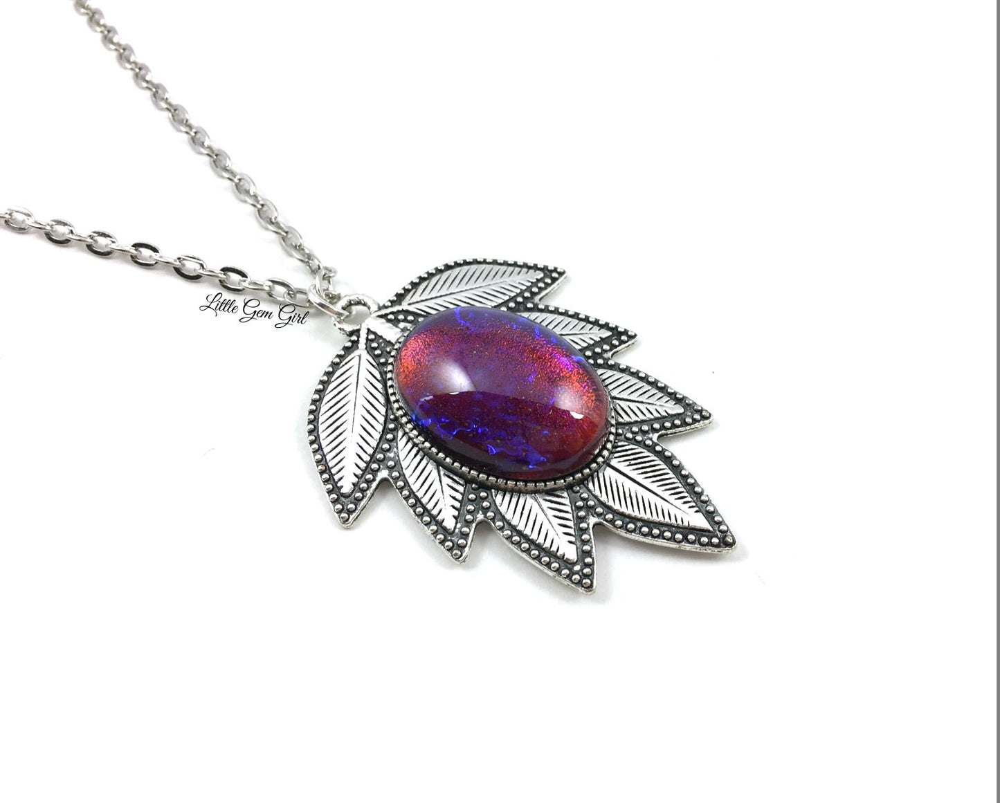 Dragon’s Breath Mexican Opal Necklace – Czech Glass Red Blue Fire Leaf Pendant, Vintage Style Amulet