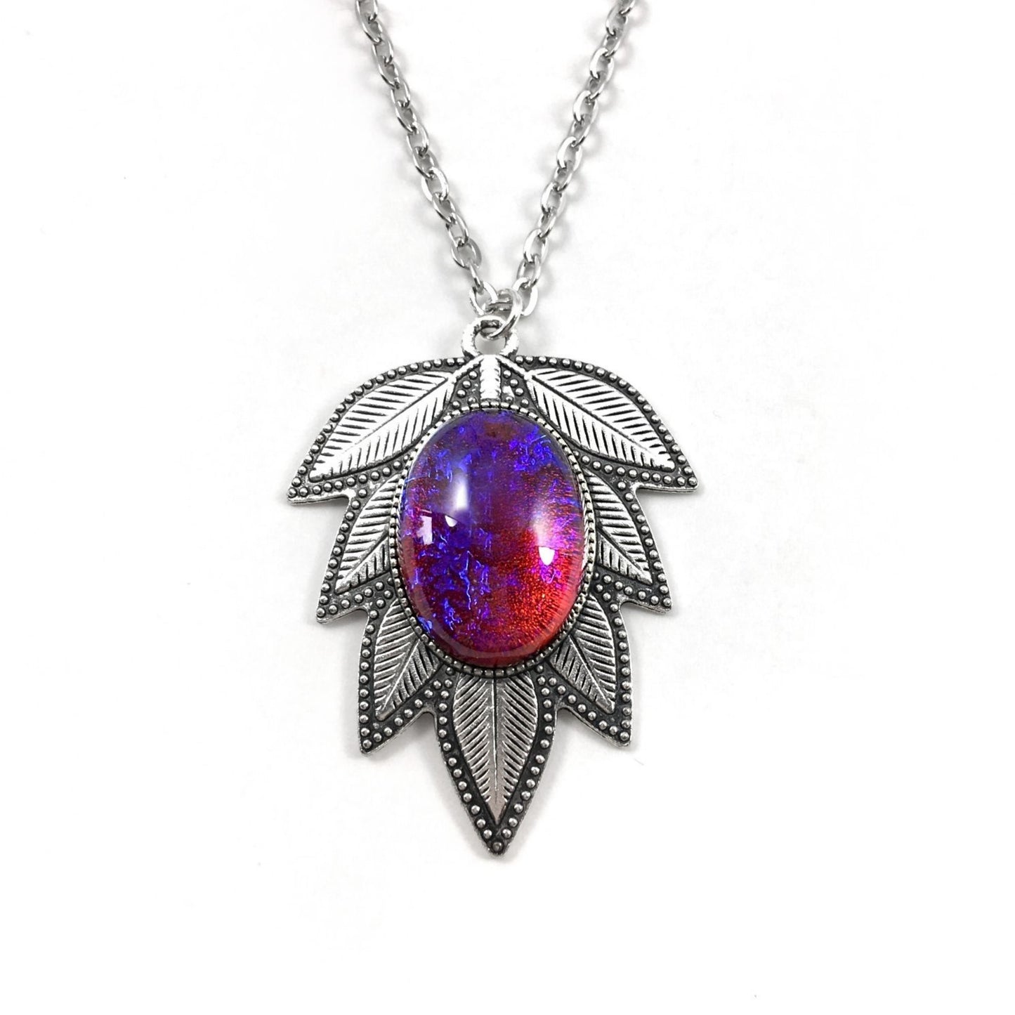 Dragon’s Breath Mexican Opal Necklace – Czech Glass Red Blue Fire Leaf Pendant, Vintage Style Amulet