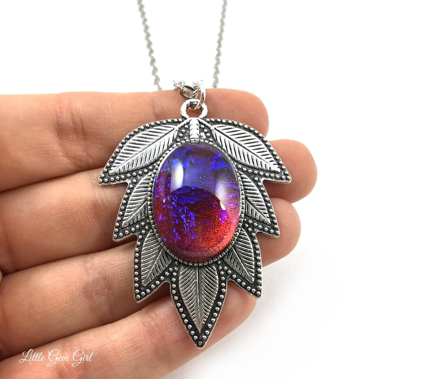 Dragon’s Breath Mexican Opal Necklace – Czech Glass Red Blue Fire Leaf Pendant, Vintage Style Amulet