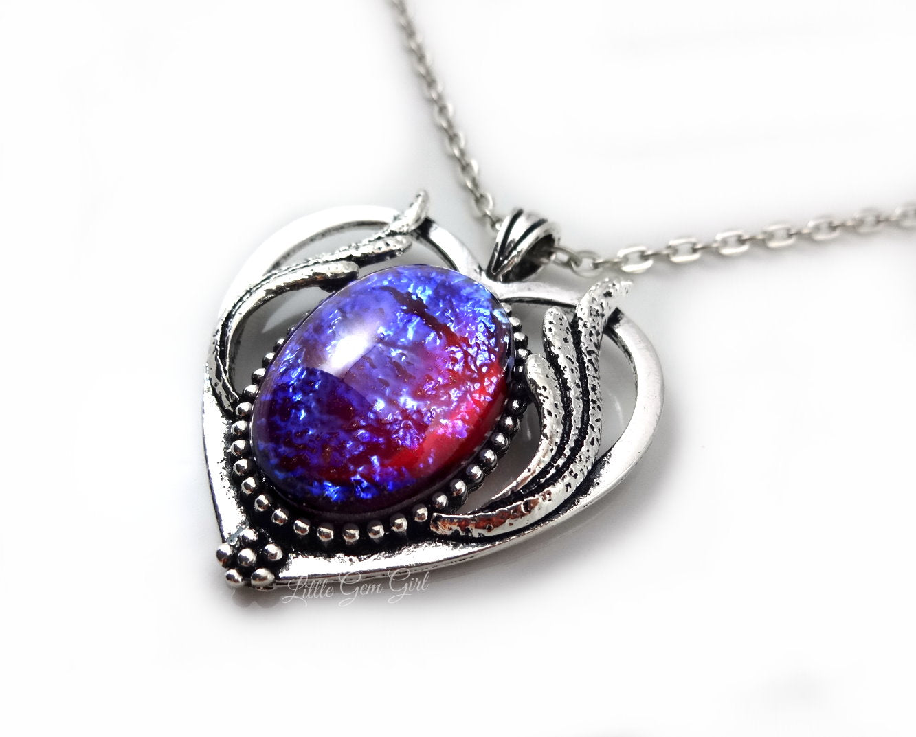 Dragon’s Breath Opal Heart Necklace – Art Deco Pendant – Red Blue Czech Glass Mexican Fire Opal