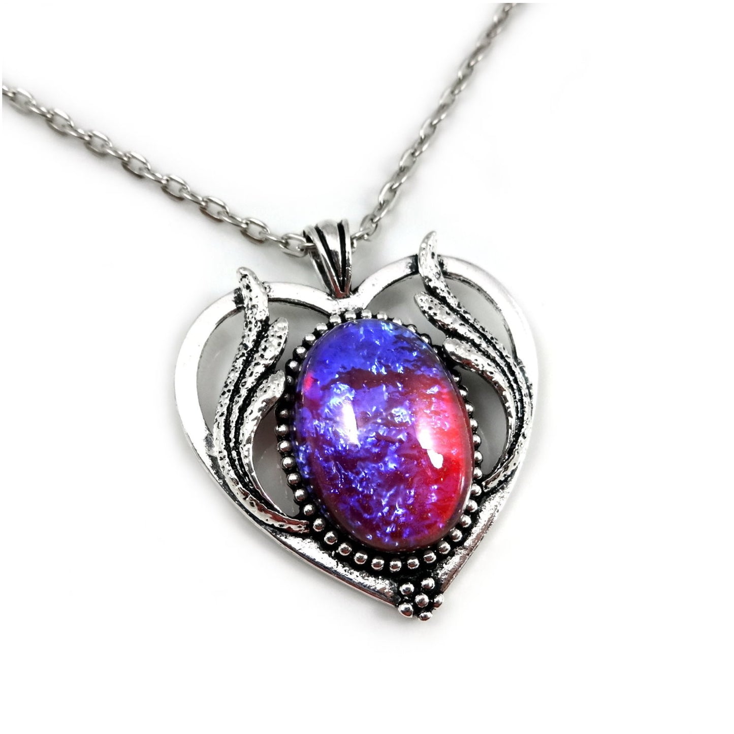 Dragon’s Breath Opal Heart Necklace – Art Deco Pendant – Red Blue Czech Glass Mexican Fire Opal