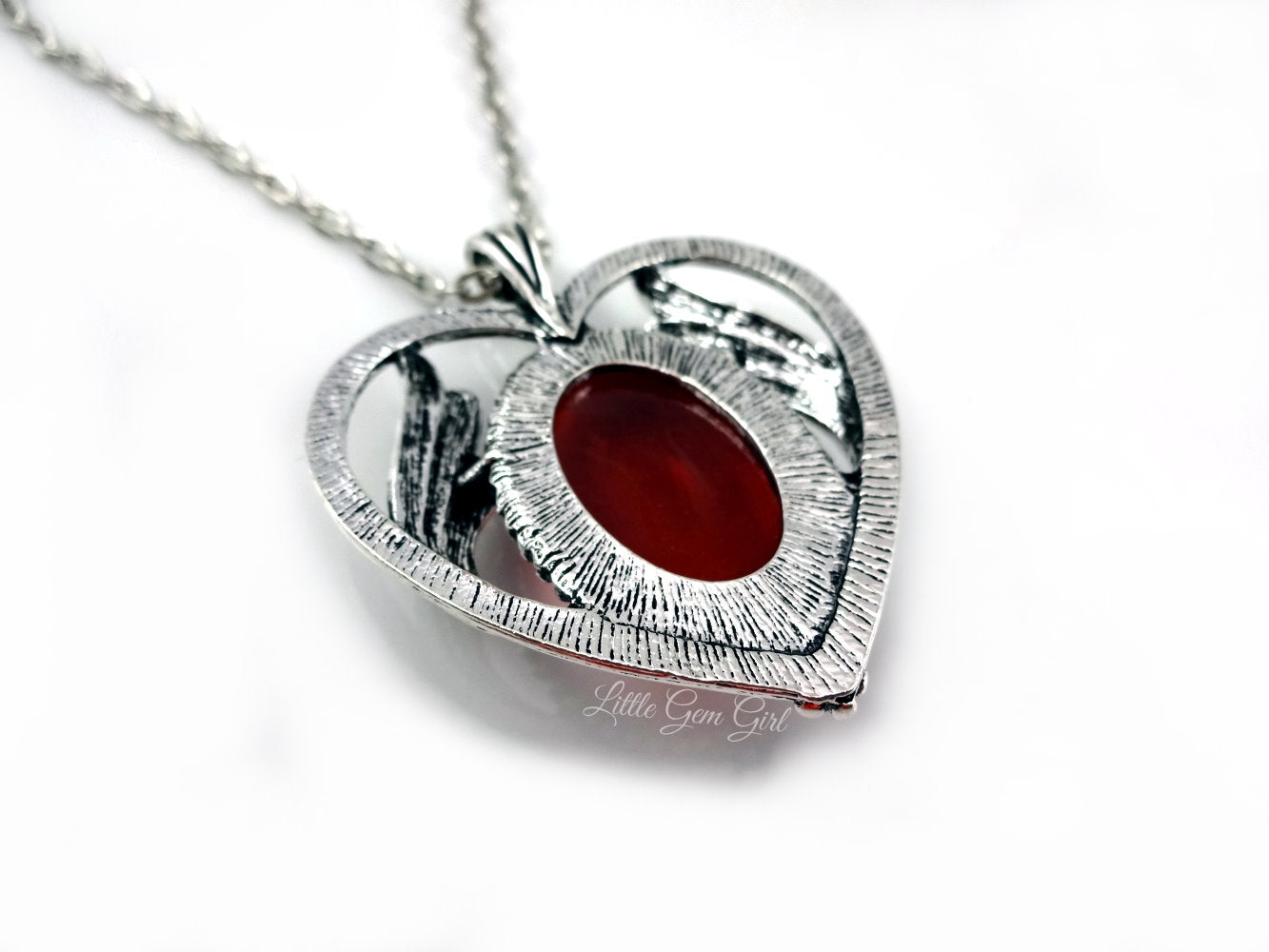 Dragon’s Breath Opal Heart Necklace – Art Deco Pendant – Red Blue Czech Glass Mexican Fire Opal