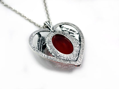 Dragon’s Breath Opal Heart Necklace – Art Deco Pendant – Red Blue Czech Glass Mexican Fire Opal
