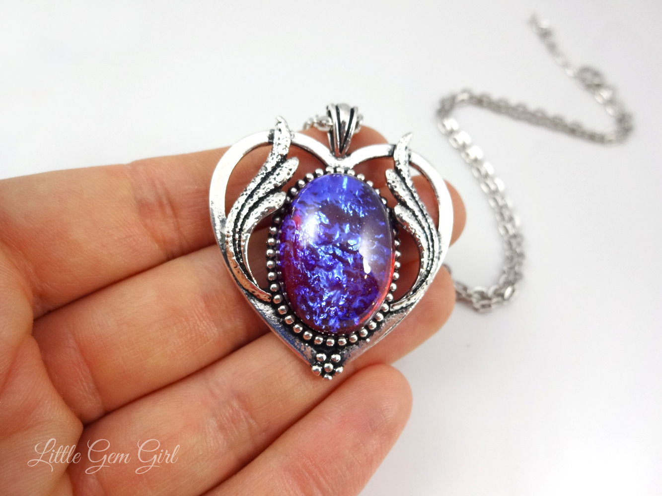 Dragon’s Breath Opal Heart Necklace – Art Deco Pendant – Red Blue Czech Glass Mexican Fire Opal