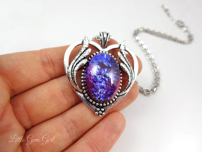 Dragon’s Breath Opal Heart Necklace – Art Deco Pendant – Red Blue Czech Glass Mexican Fire Opal