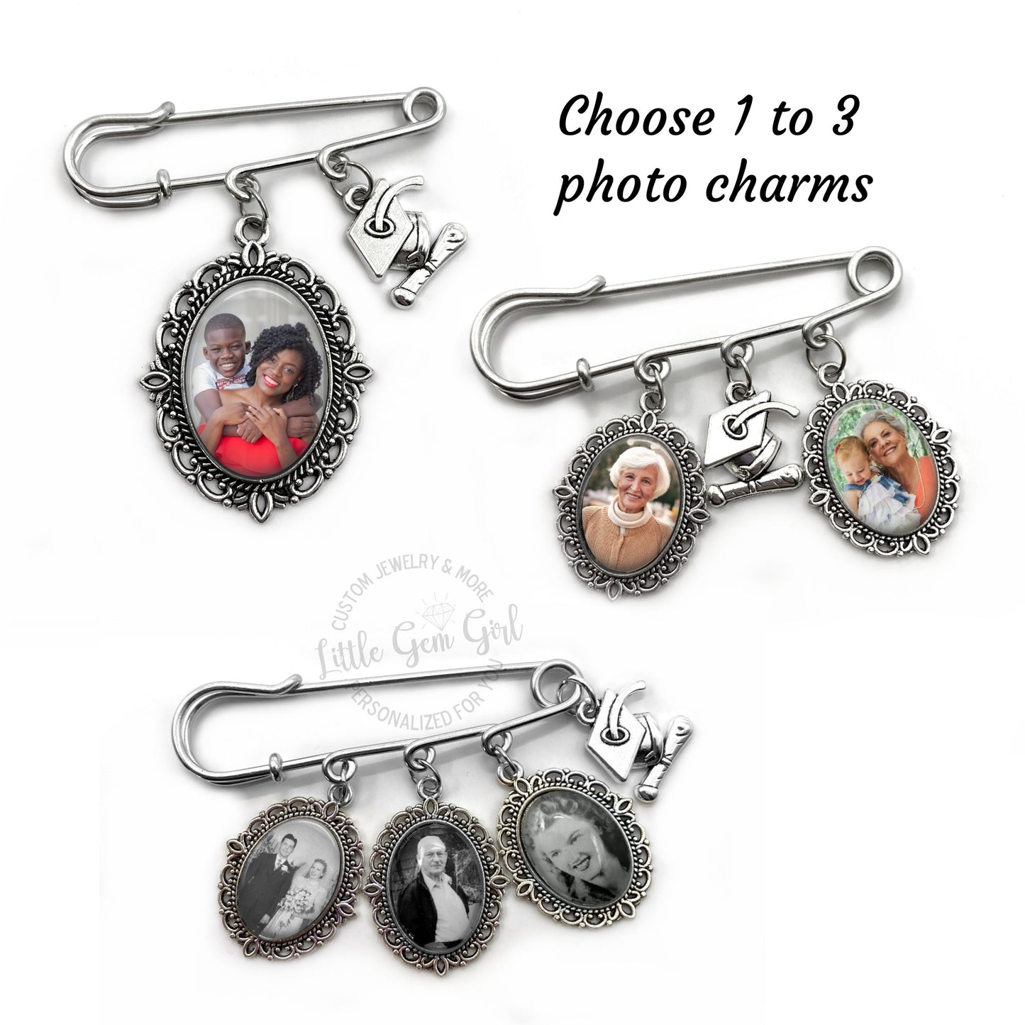 Graduation Ceremony Memorial Pin for Cap and Gown - Custom Photo Lapel Pin with 1 to 3 Photos