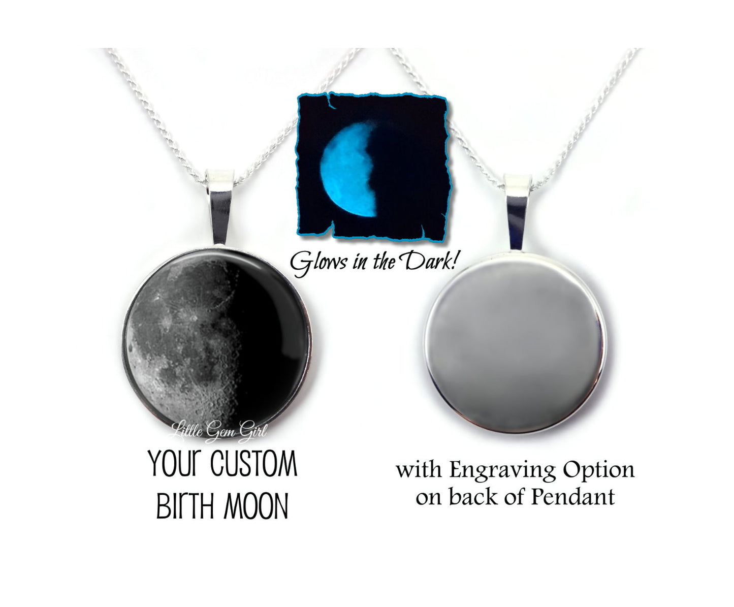 Sterling Silver Custom Birth Moon Necklace - Glow in the Dark Moon Phase Pendant optional Engraving - Glowing Birthday Moon Jewelry