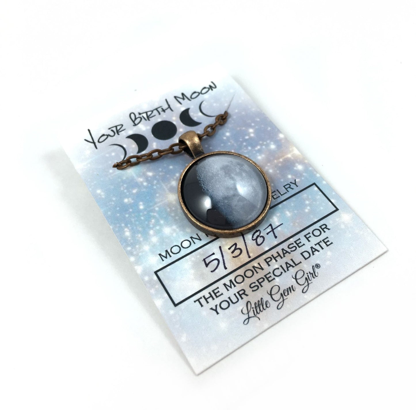 Custom Birth Moon Necklace or Key Chain with Optional Glow - Birthday Moon Phase Jewelry - Personalized Date Moon Necklace