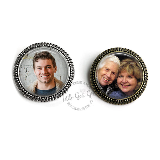 Custom Photo Brooch Pin Available in Silver and Bronze - Memorial Picture Boutonniere Bouquet Charm