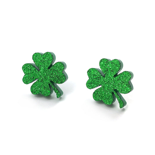 Shamrock Four Leaf Clover Stud Earrings -  Sparkly Green St Patrick's Day - Stainless Steel or Titanium Post