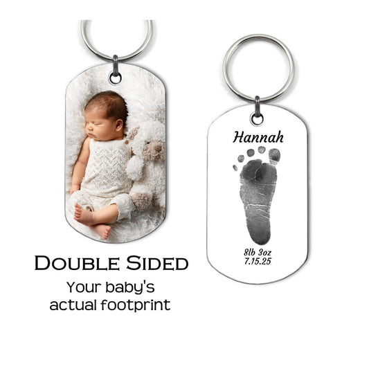 Baby Footprint Dog Tag with Your Custom Name and Photo - Double Sided Personalized Photo Pendant Keychain or Necklace