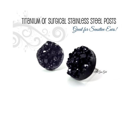 Black Druzy Earrings with Three Sizes Available - Black Crystal Glitter Studs Faux Drusy Post Earrings Available in Titanium or Stainless Steel Posts