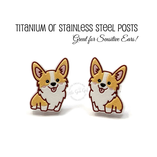 Corgi Stud Earrings in Titanium or Stainless Steel Posts, Nickel Free, Hypoallergenic - Corgi Dog Lovers Jewelry