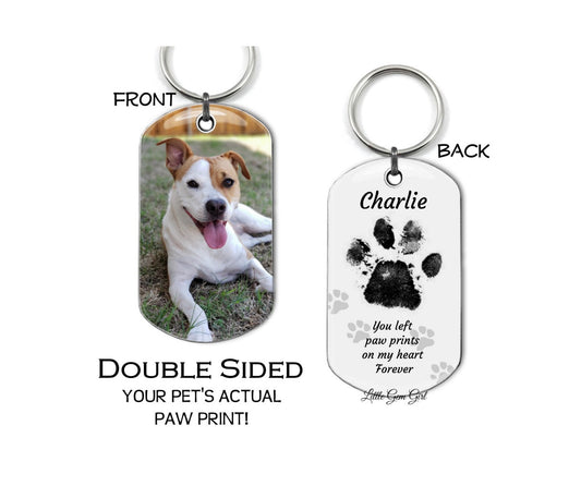 Custom Memorial Dog Tag with Your Pet's Photo and Actual Paw Print - Personalized Picture and Pawprint - Double Sided Necklace or Key Chain