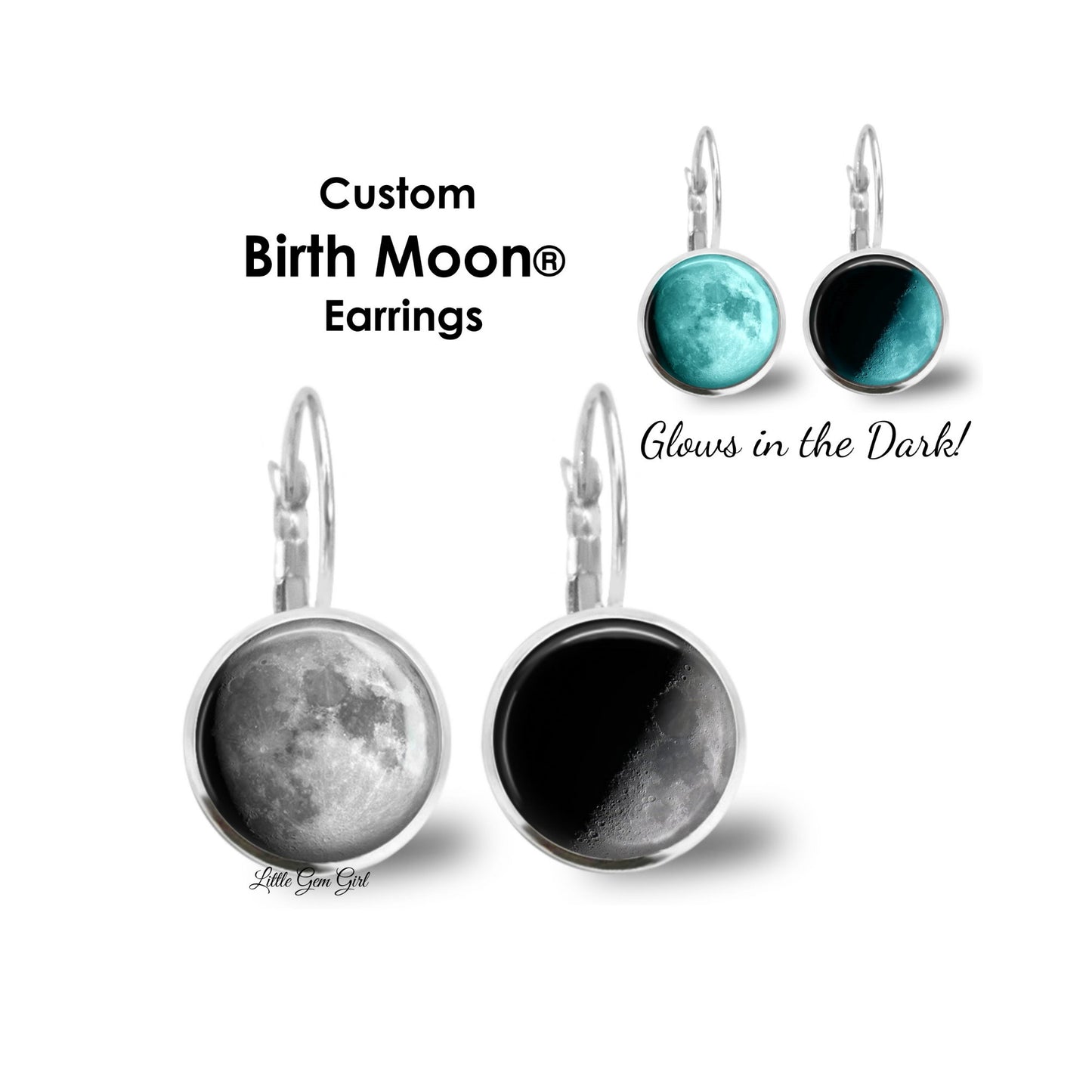 Custom Lunar Phase Birth Moon Earrings - Glow in the Dark Zodiac Dangle or Stud - Six Settings Colors Available