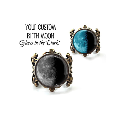 Glow in the Dark Custom Birth Moon Ring Available in Bronze or Silver - Glowing Adjustable Lunar Phase Ring