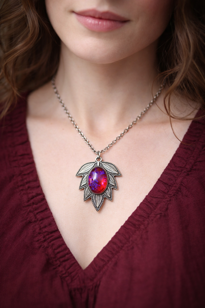Dragon’s Breath Mexican Opal Necklace – Czech Glass Red Blue Fire Leaf Pendant, Vintage Style Amulet