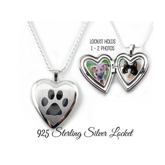 Custom Photo Heart Pet Locket 925 STERLING SILVER  - Paw Print Locket Necklace -  Memorial Pet Heart Remembrance with Optional Engraving