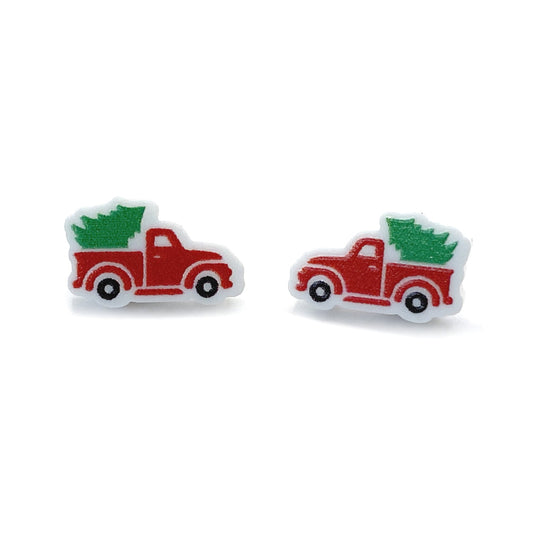 Vintage Farmhouse Christmas Truck Earrings – Red Truck & Tree Studs – Hypoallergenic Stainless Steel or Titanium Holiday Jewelry