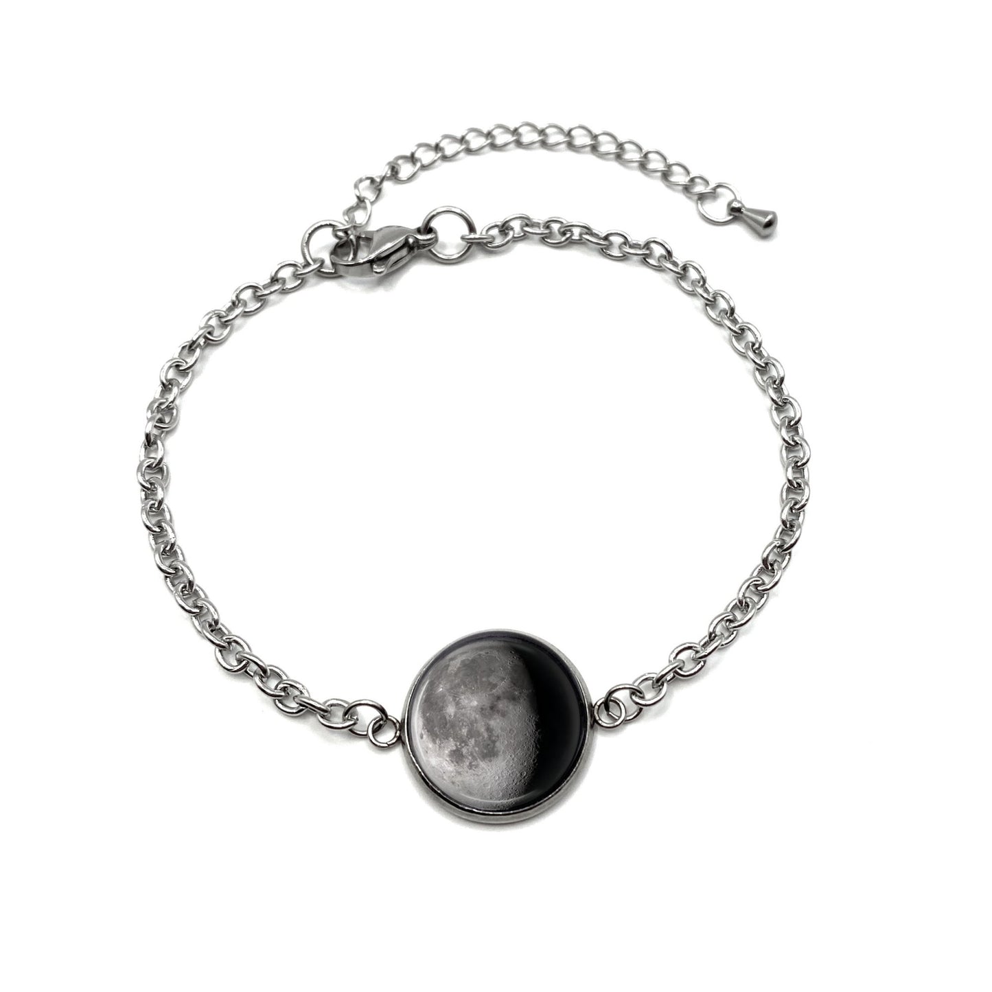 Custom Stainless Steel Moon Phase Link Bracelet - Personalized Glow in the Dark Lunar Date Birth Moon