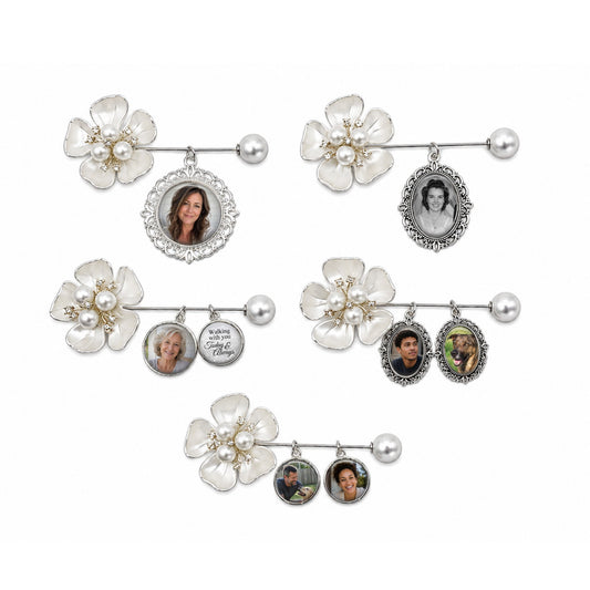 Custom Photo Wedding Bouquet Charm for Bride - Personalized Memorial Flower Lapel Pin – Groom or Loved One Remembrance