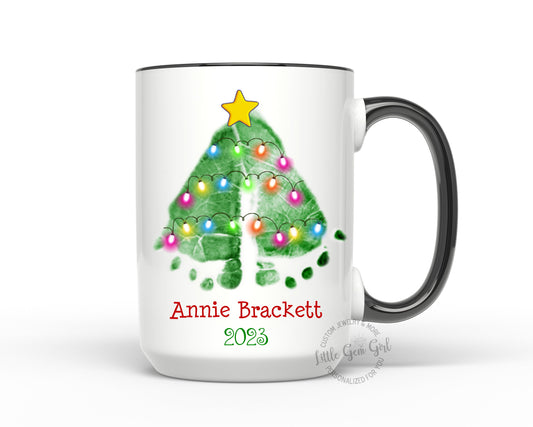 Christmas Tree Baby Footprints Custom Coffee Mug with Your Baby's Actual Prints - Personalized Name and Date Holiday Coffee Cup